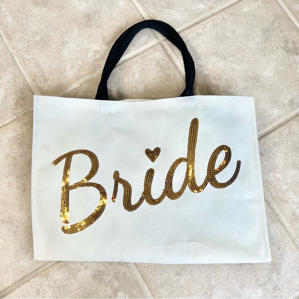 Bride Sequin Canvas Tote Bag with Black Handles